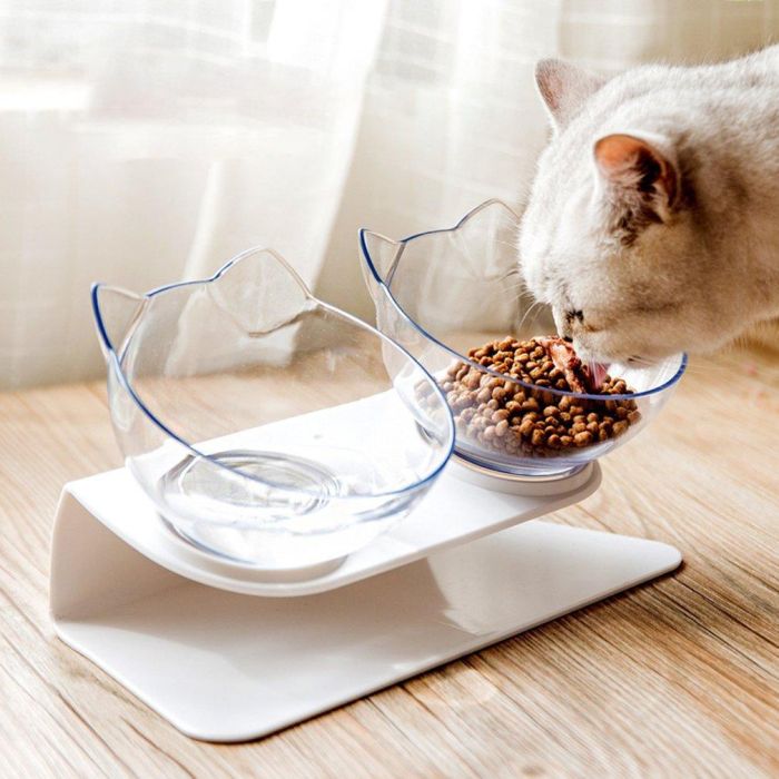 Миска для котів з вушками Біло-прозора подвійна миска для собак на підставці тарілки для кота