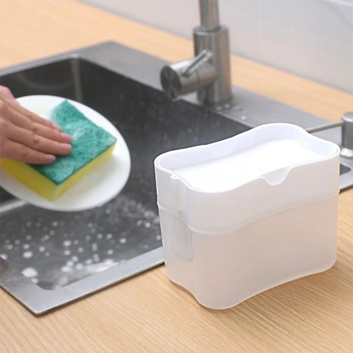 Диспенсер для миючого засобу натискний 385мл Soap pump & sponge Білий диспенсер для миючого засобу з губкою