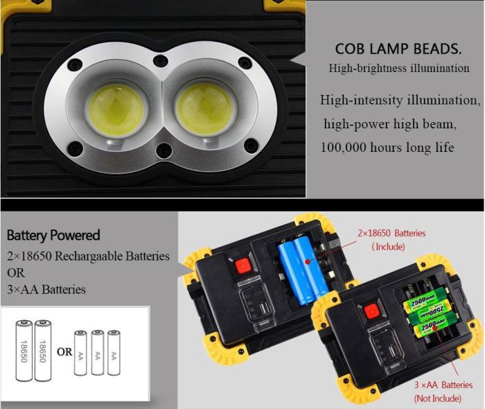 Світлодіодний прожектор акумуляторний 2х18650 LL-802 20W Чорно-жовтий лед ліхтар-повербанк переносний