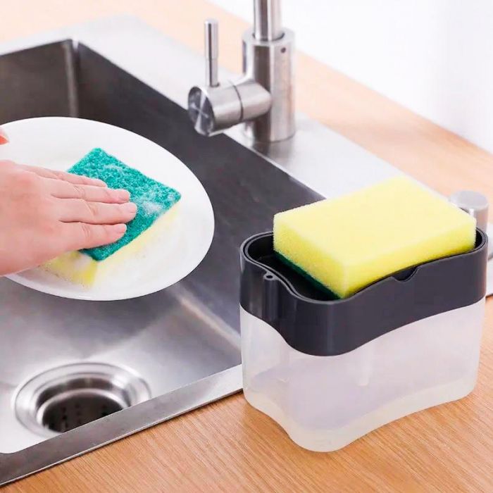 Дозатор для миючого засобу натискний 385мл Soap pump & sponge Чорний диспенсер для миючого засобу з губкою